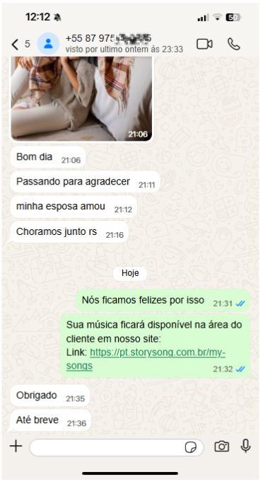 Mensagem de cliente satisfeito no WhatsApp: “Minha esposa amou, choramos juntos”