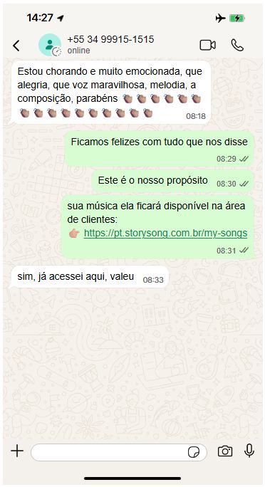 Mensagem de cliente satisfeito no WhatsApp: “Estou chorando, que voz maravilhosa”