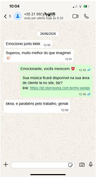 Mensagem de cliente satisfeito no WhatsApp: “Emocionei junto, superou o que imaginei”