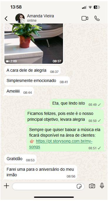Mensagem de cliente satisfeito no WhatsApp: “A cara dele de alegria — simplesmente emocionado”