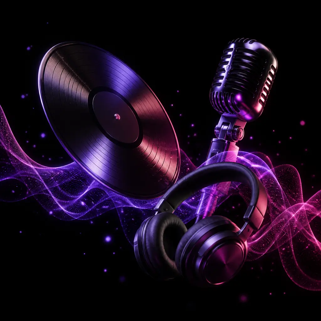 Composição com vinil, microfone vintage e fones premium